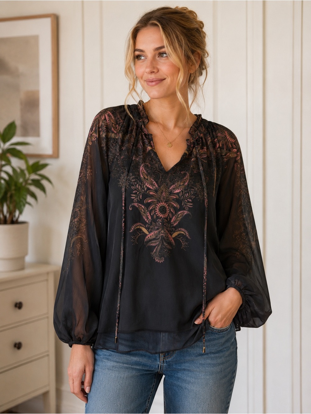 CQ by CQ Women’s S/M Black Paisley Sheer Balloon Sleeve Boho Blouse Cottagecore